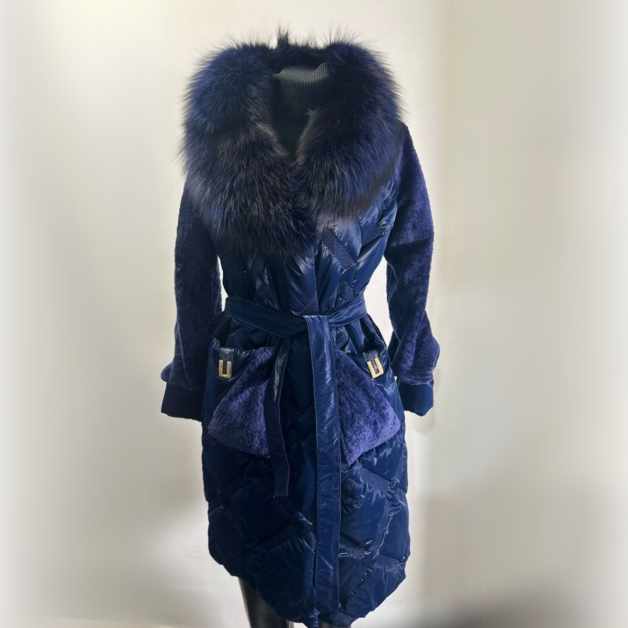 Royal Blue Astrakhan Puffer Coat With Fox Fur Collar