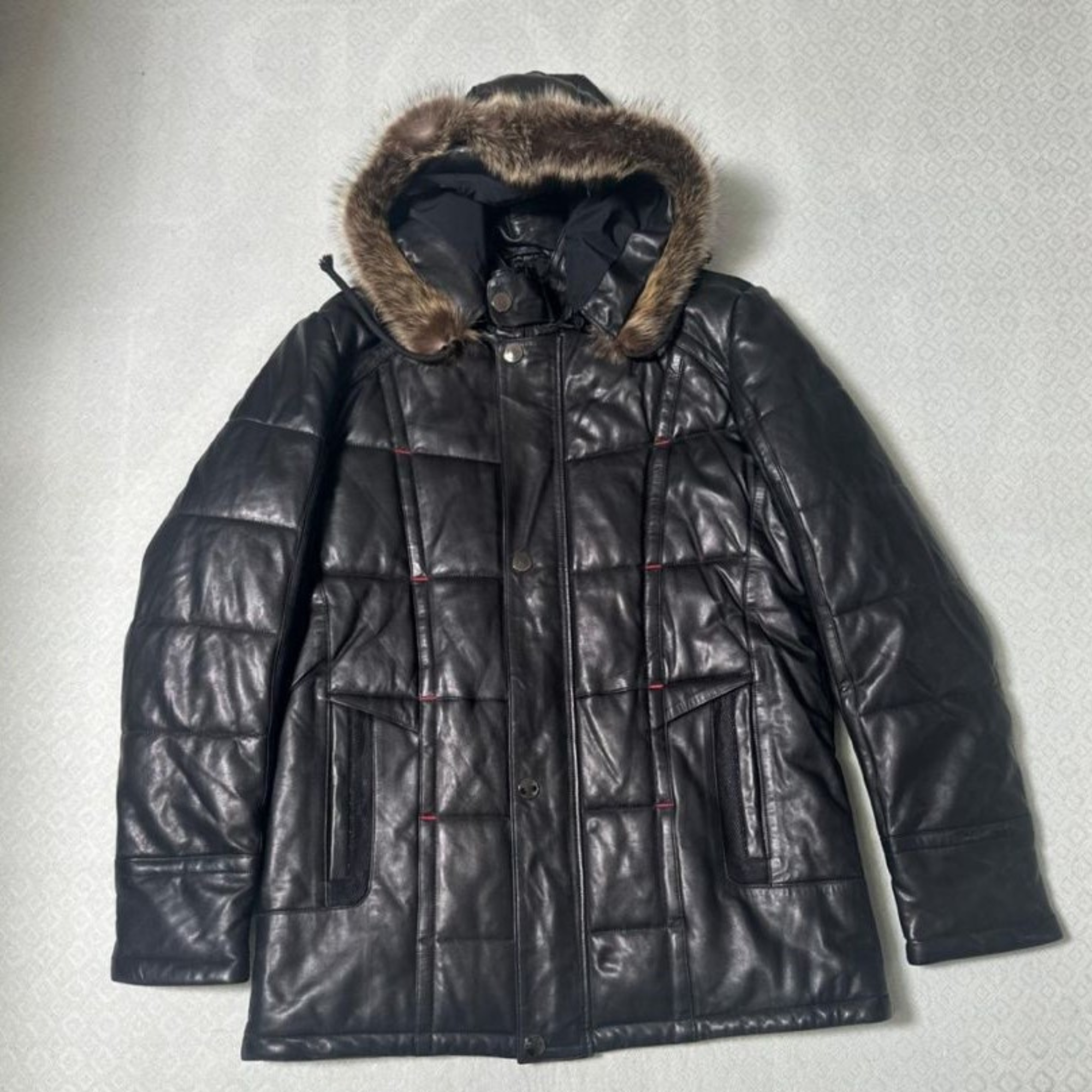 Black Smooth Leather Puffer Jacket With Removable Wolf Fur Hood And Silicon Wool Lining