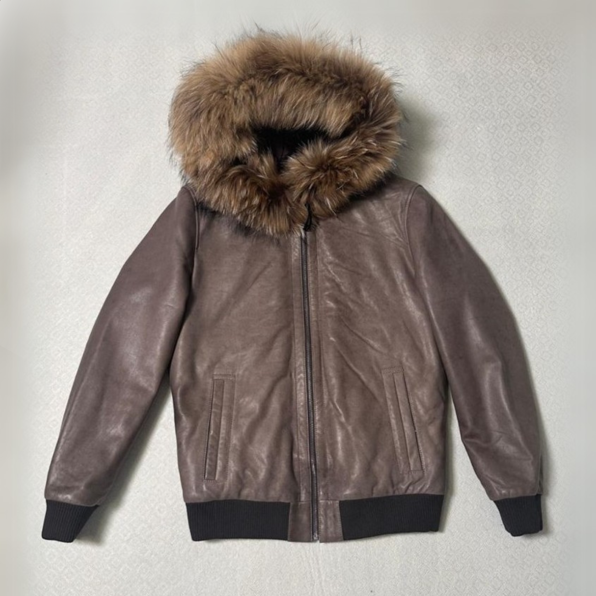 Grey Thick Winter Hooded Leather Bomber Jacket With Fox Fur Lined Hood