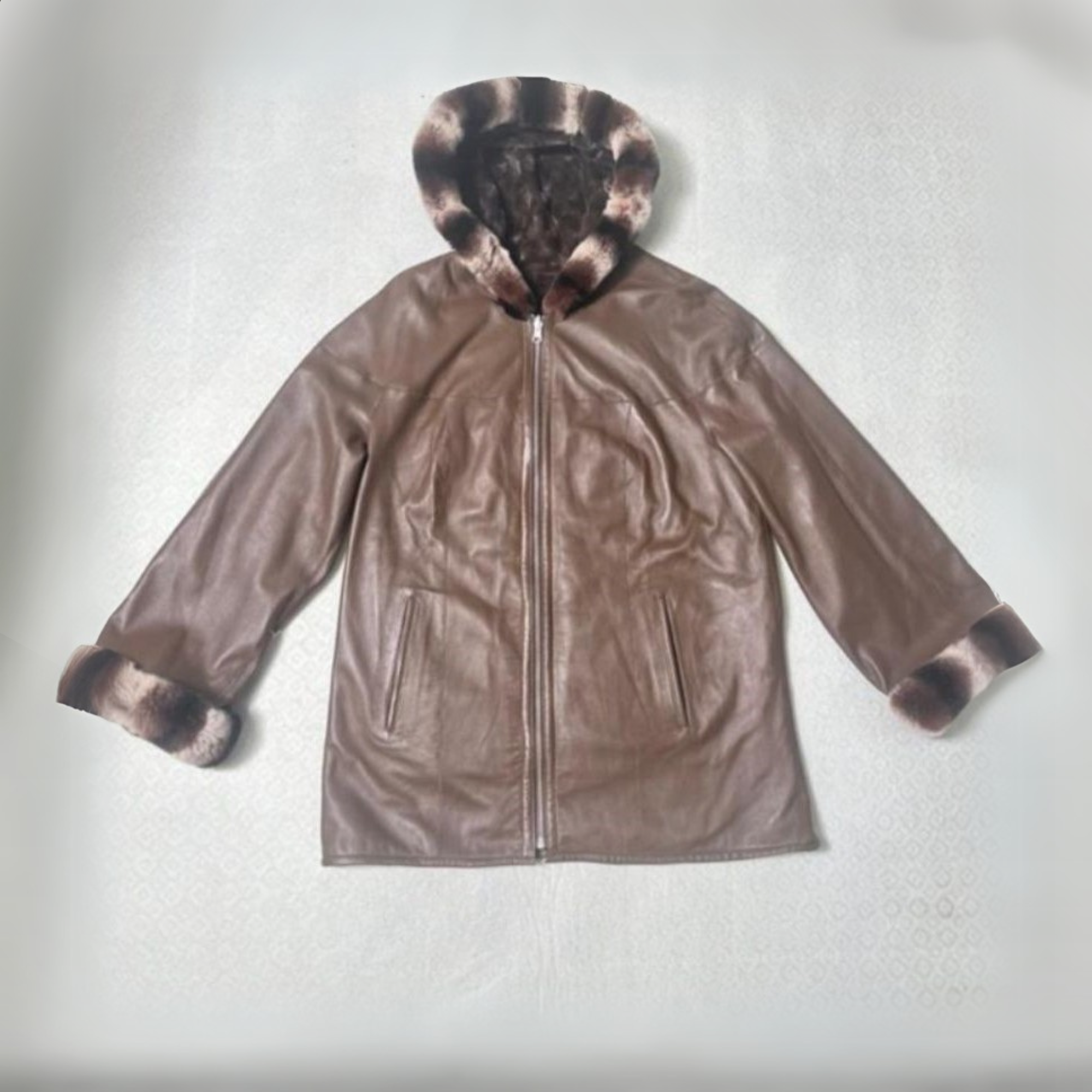 Plus-Size Reversible Lamb Leather Hooded Jacket With Chinchilla Fur Sleeves & Hood