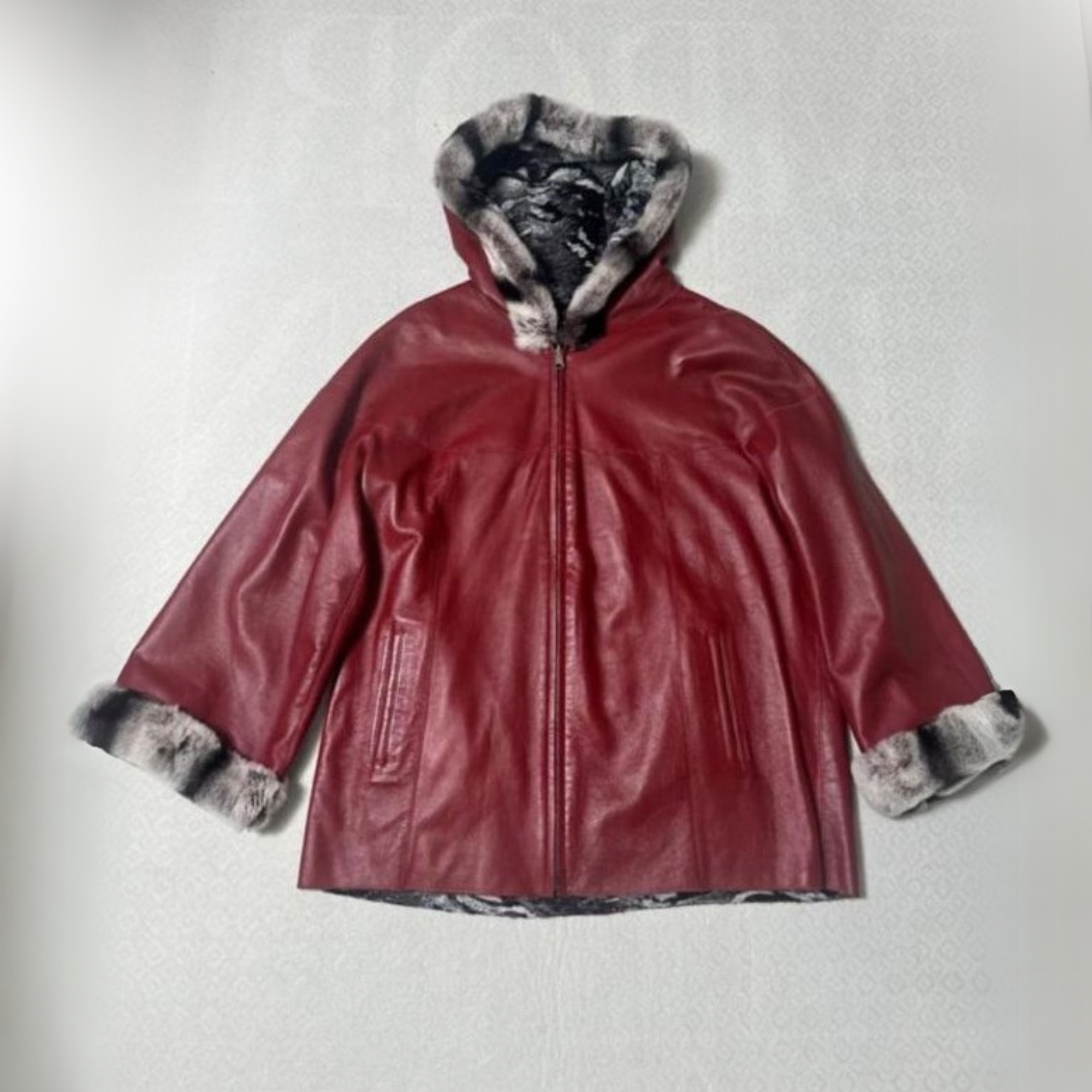 Plus-Size Reversible Lamb Leather Hooded Jacket With Chinchilla Fur Sleeves & Hood Bordo