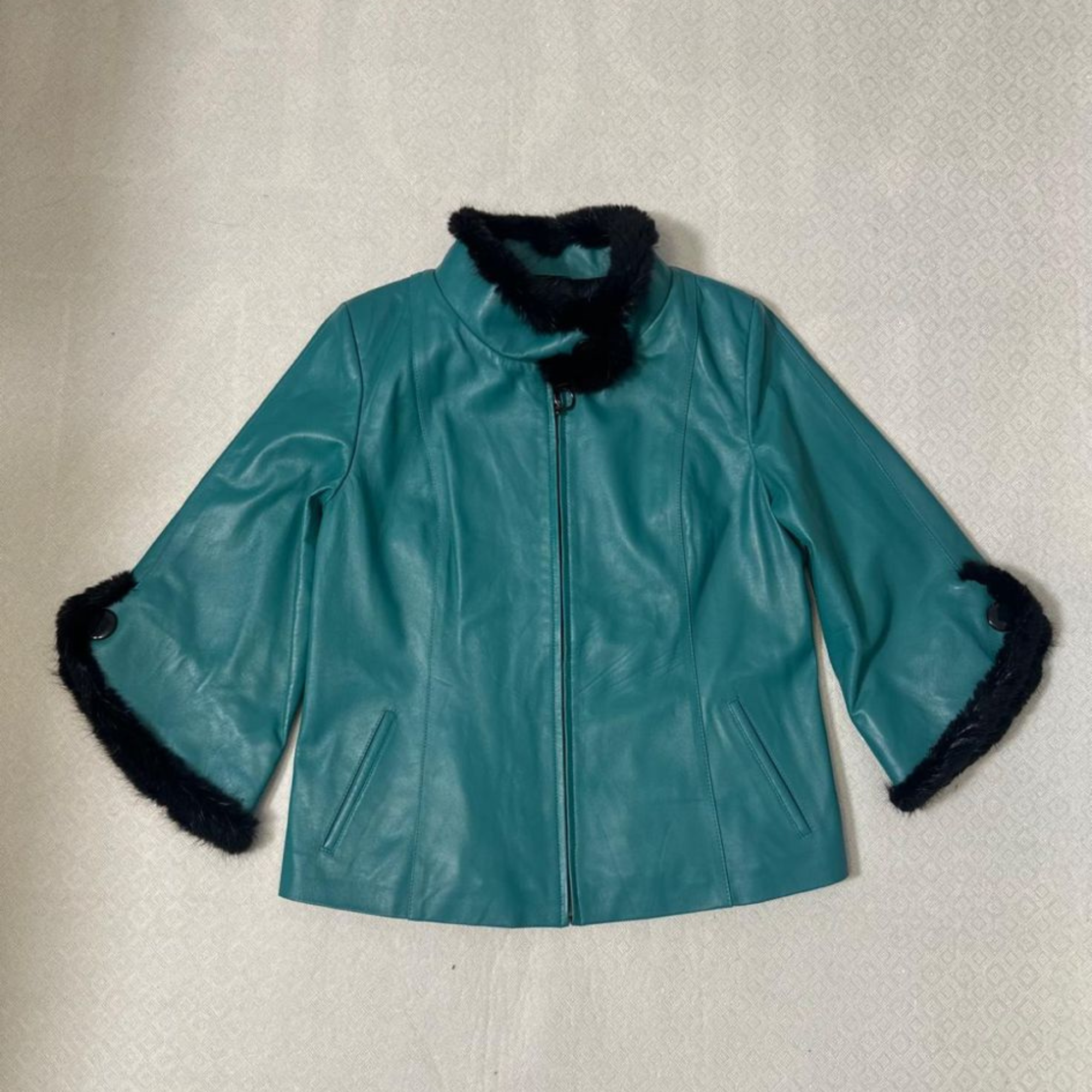 Leather Jacket For Women With Mink Plus Size - Turquoise