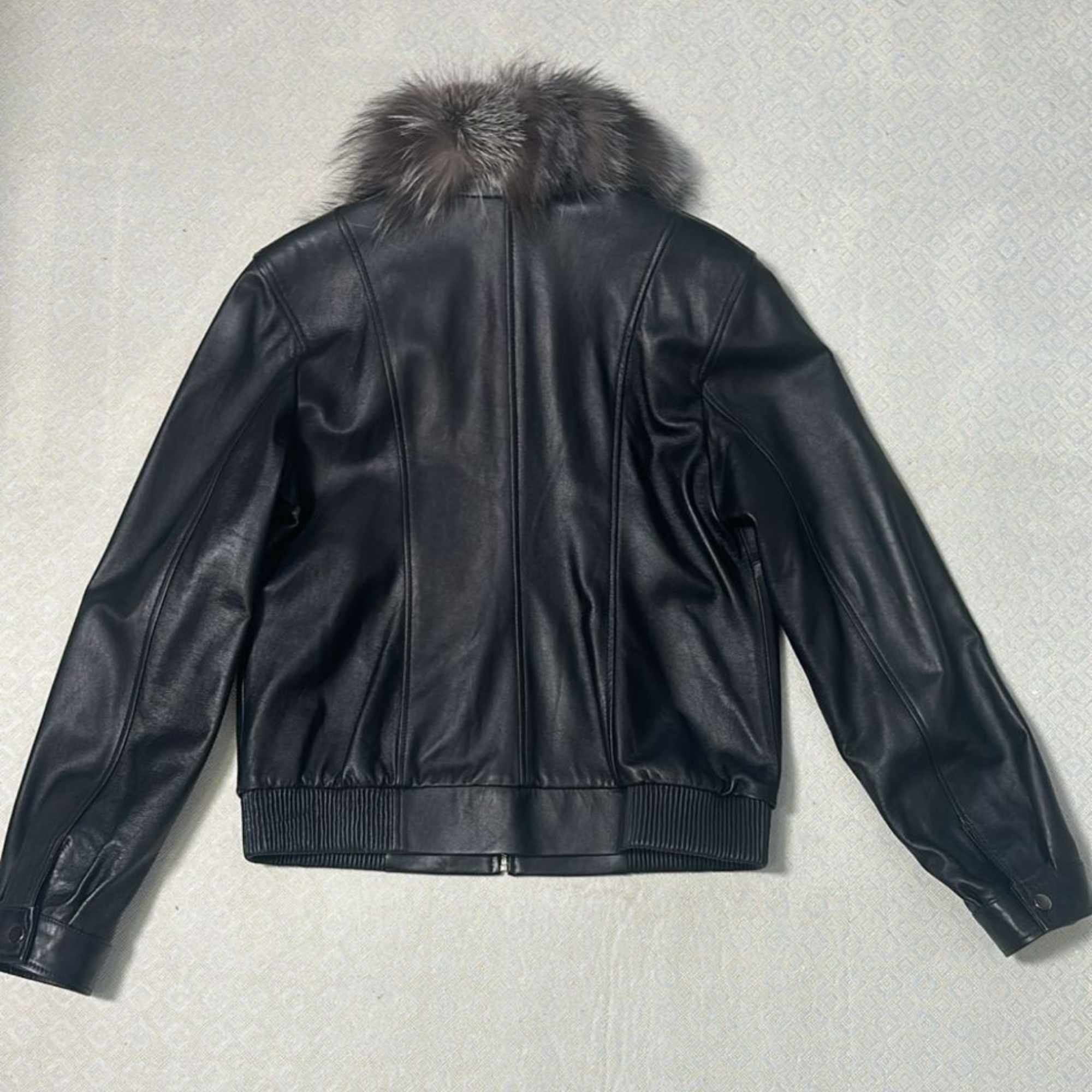 Leather Bomber Jacket With Removable Fox Collar - Black