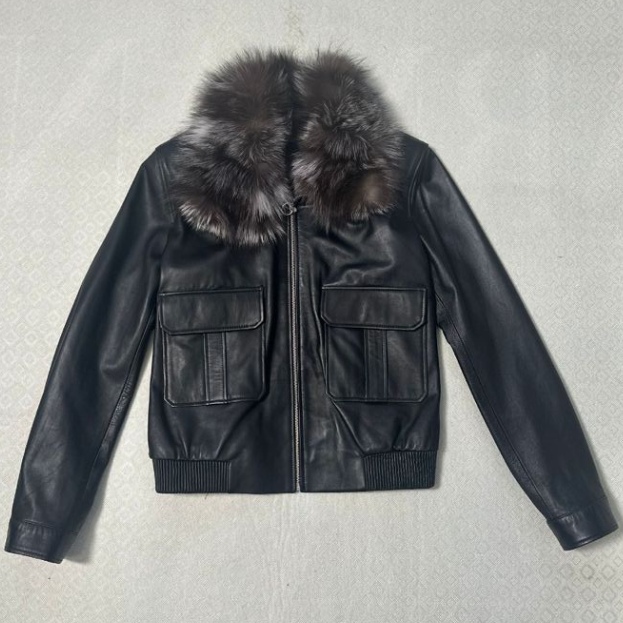 Leather Bomber Jacket With Removable Fox Collar - Black