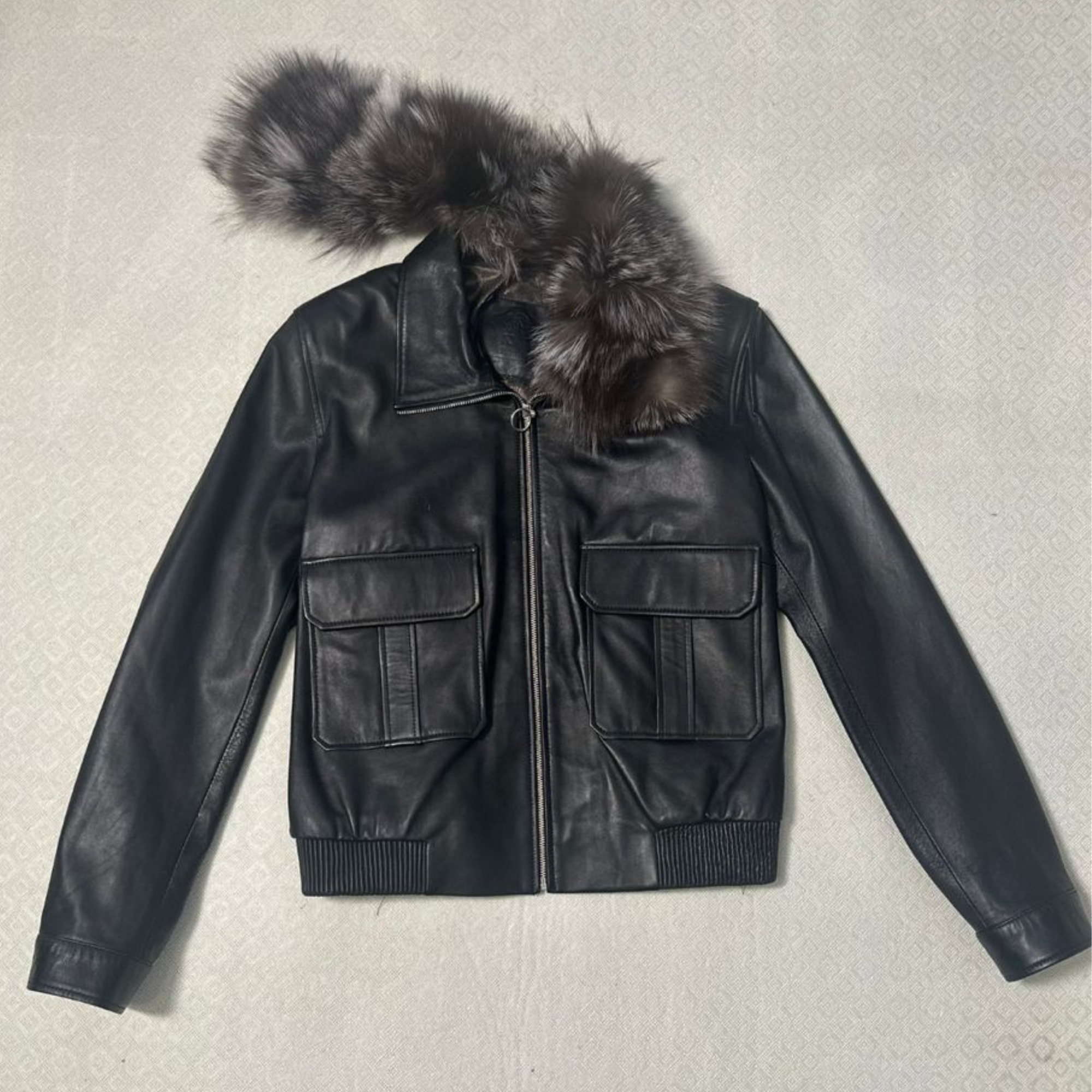 Leather Bomber Jacket With Removable Fox Collar - Black