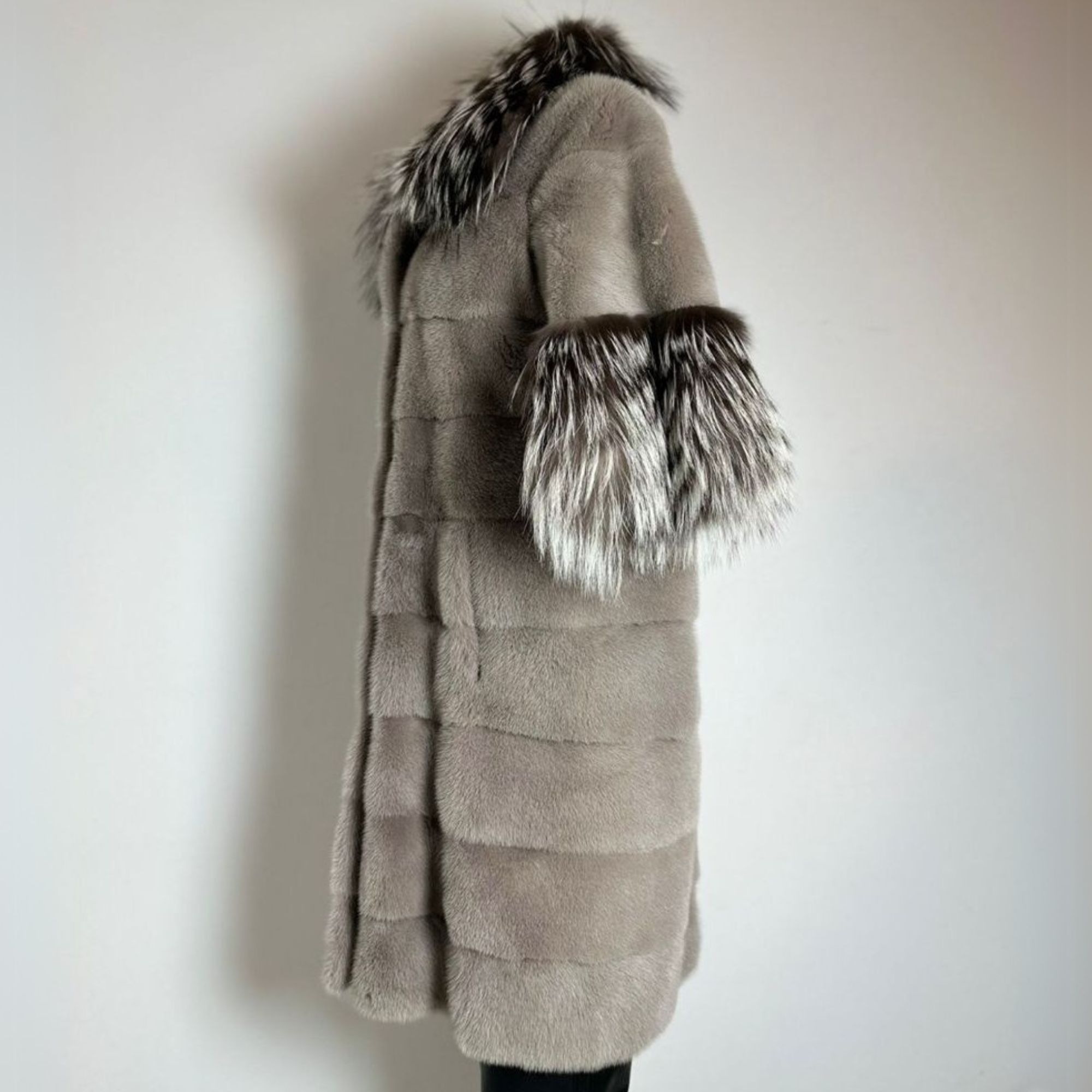 Long Luxury Silver Mink With Silver Fox Collar & Sleeves - Cream