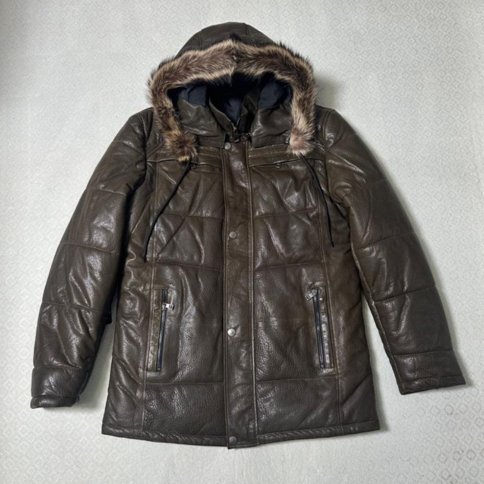 Olive Green Smooth Leather Puffer Jacket With Removable Wolf Fur Hood And Silicon Wool Lining