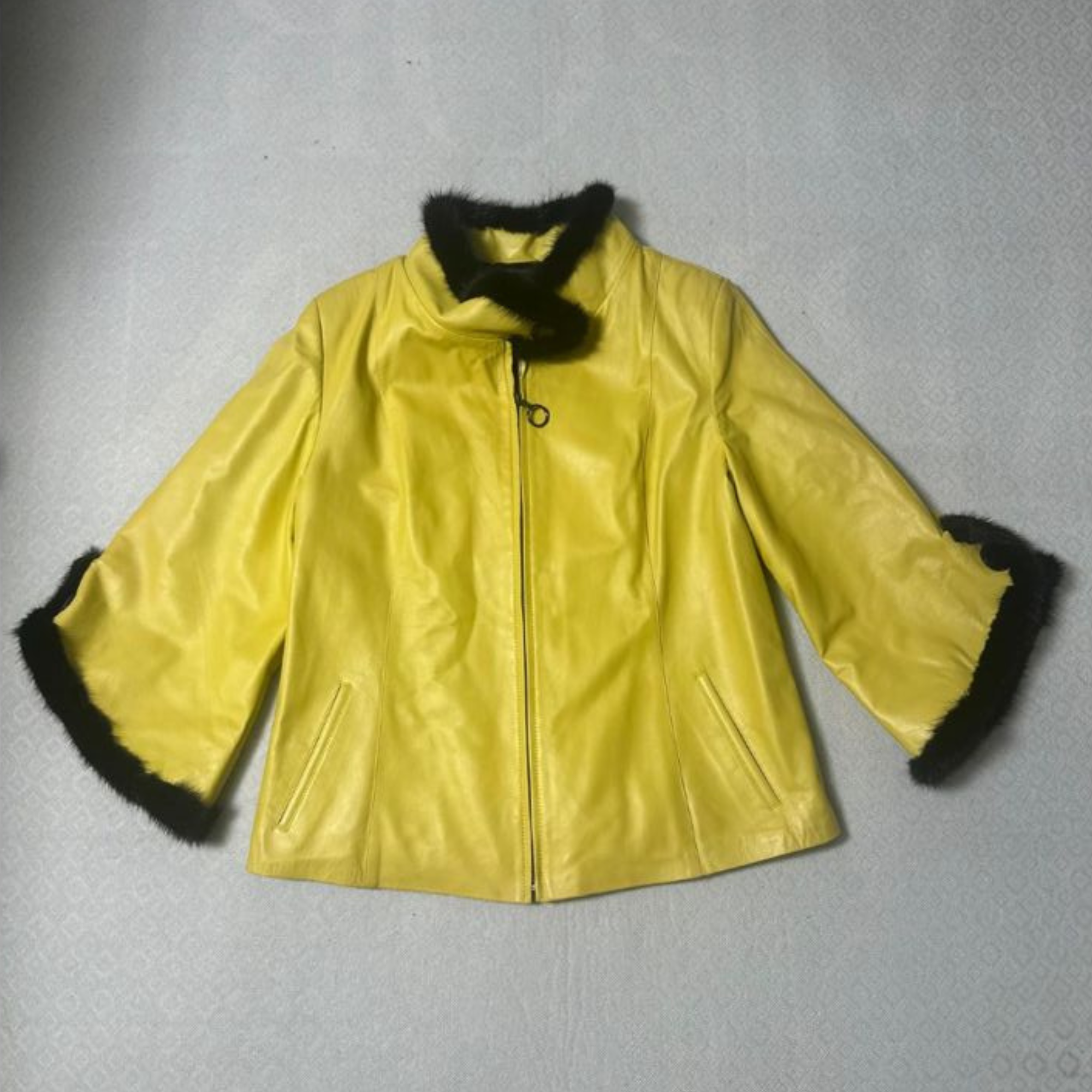 Leather Jacket With Mink For Plus Size - Yellow