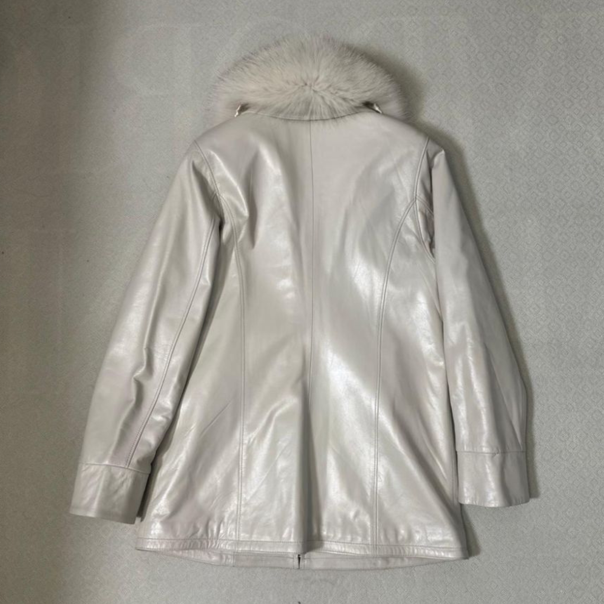 Leather Jacket With Fox Hood, Removable Hood - Cream