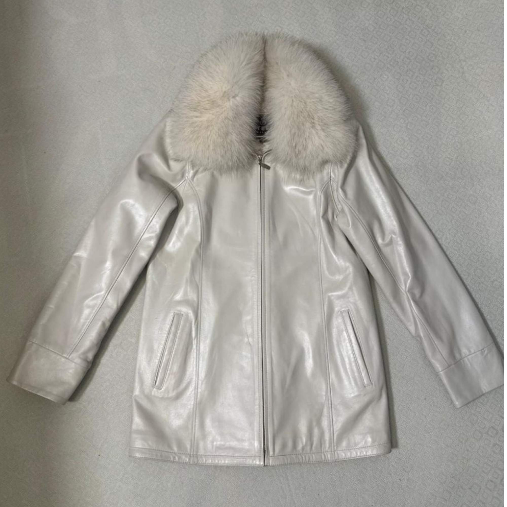 Leather Jacket With Fox Hood, Removable Hood - Cream
