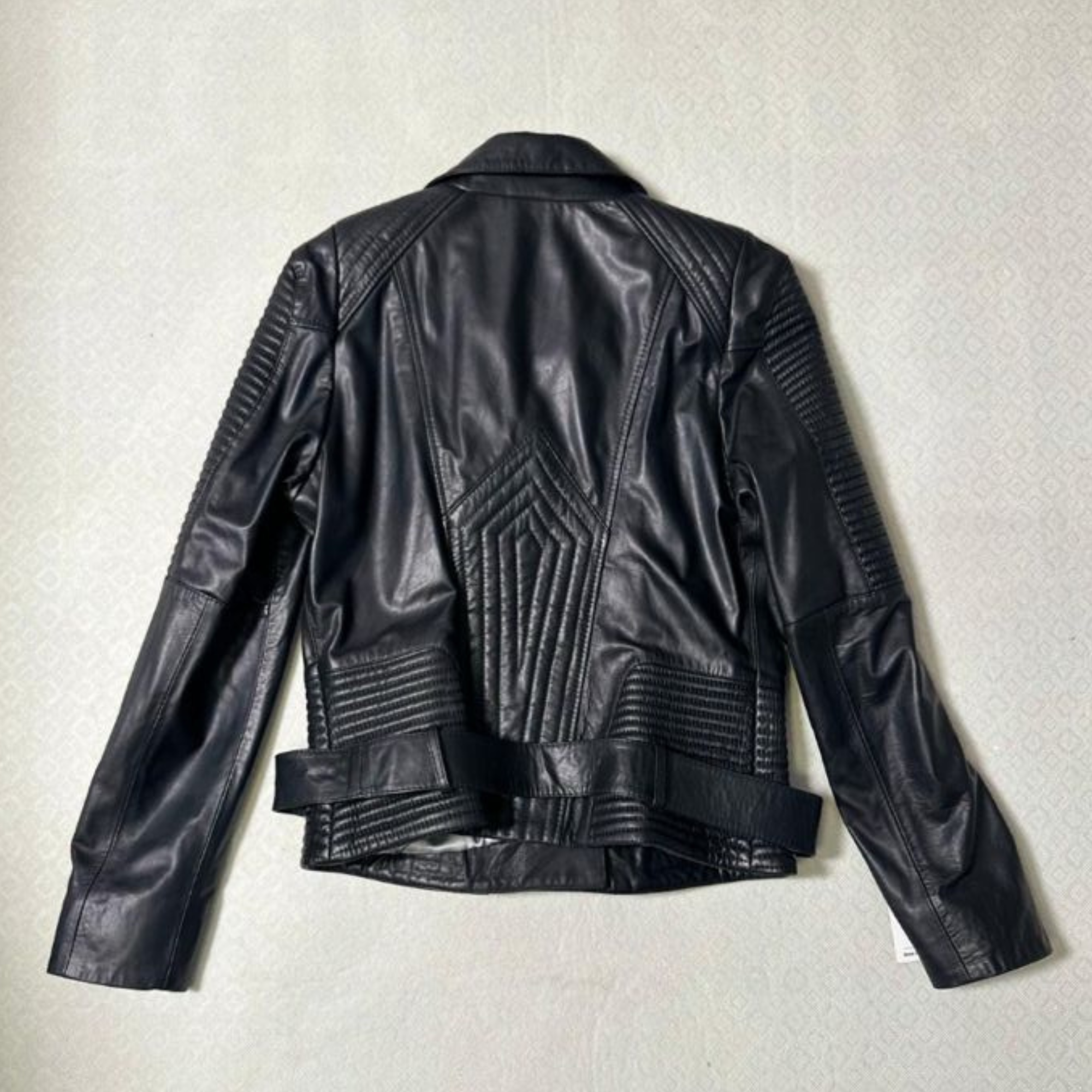 Leather Biker Jacket With Leather Belt And One Side Zip - Black