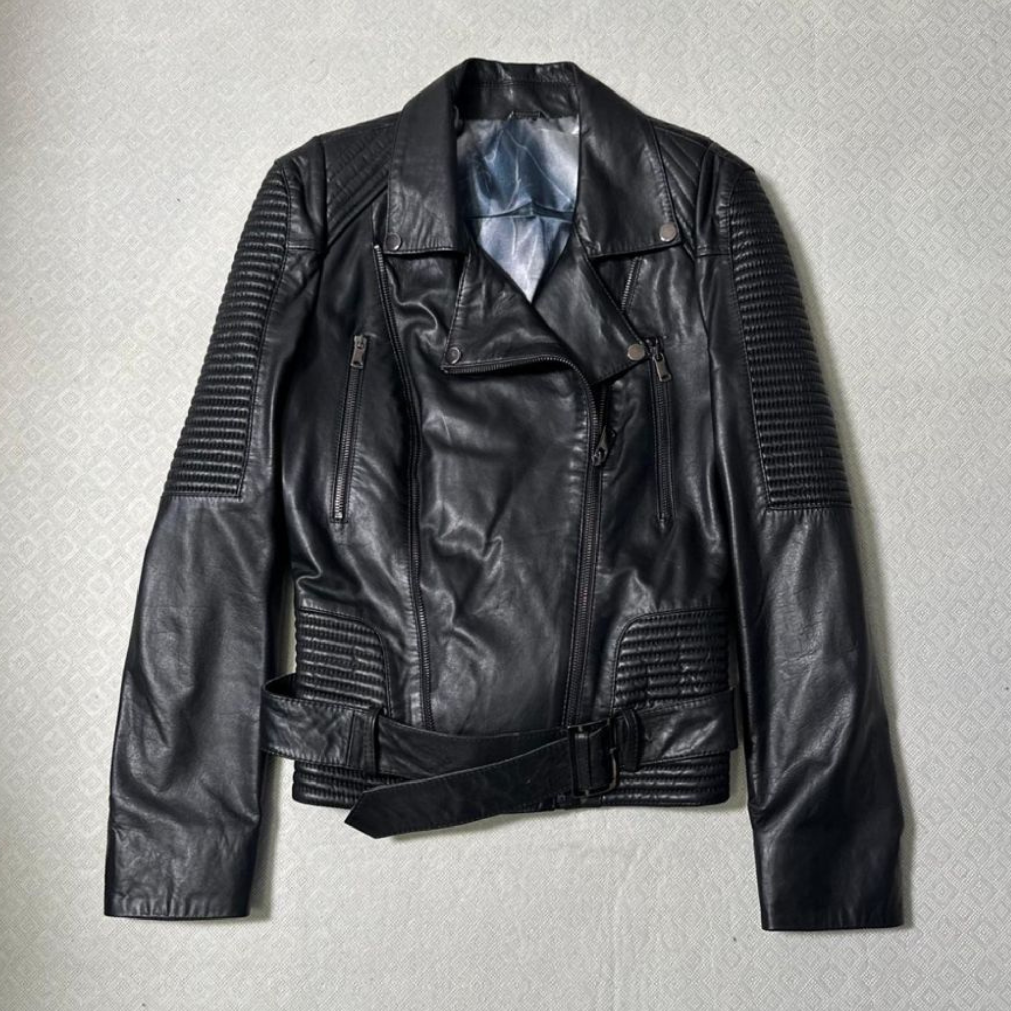 Leather Biker Jacket With Leather Belt And One Side Zip - Black