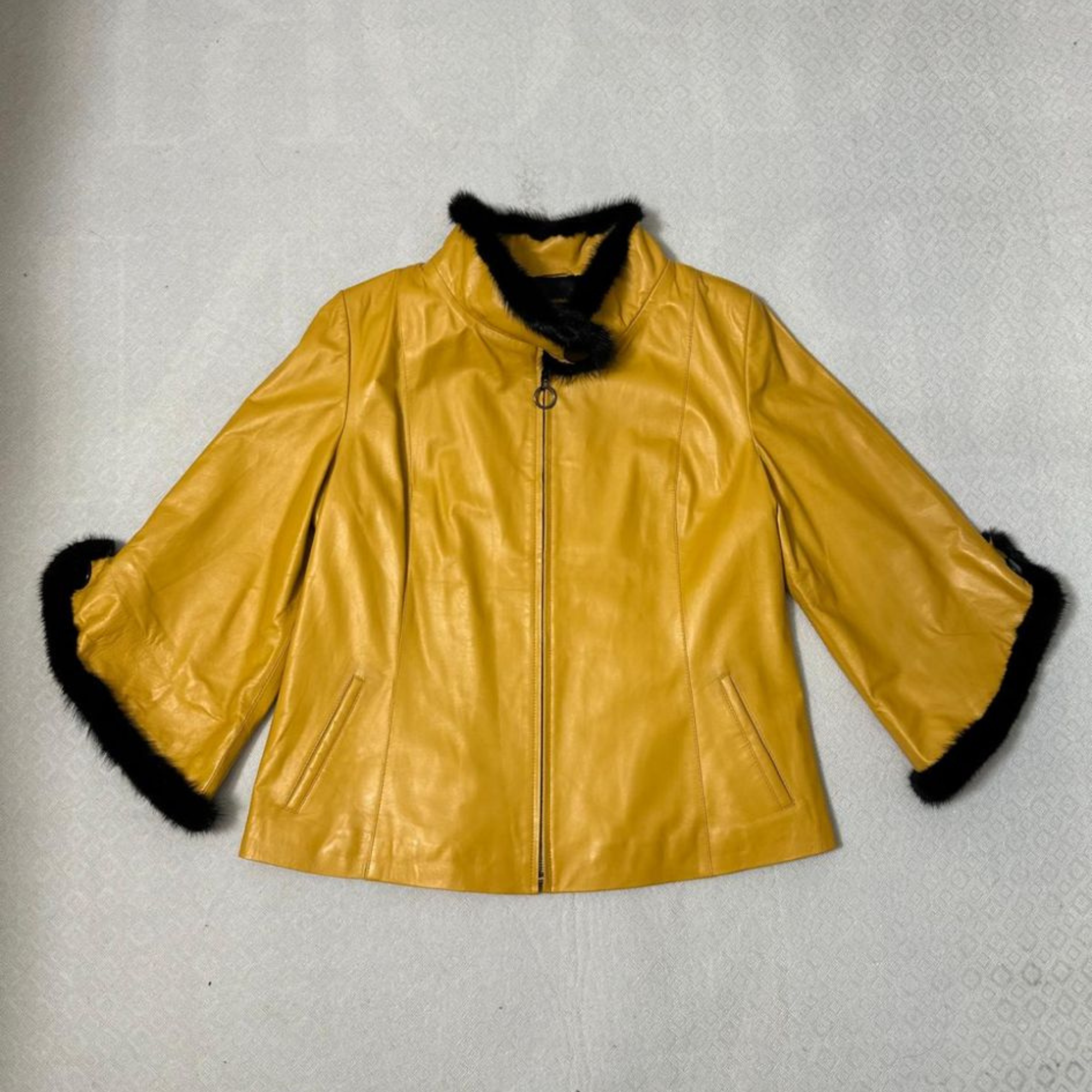 Leather Jacket With Mink For Plus Size - Mustard
