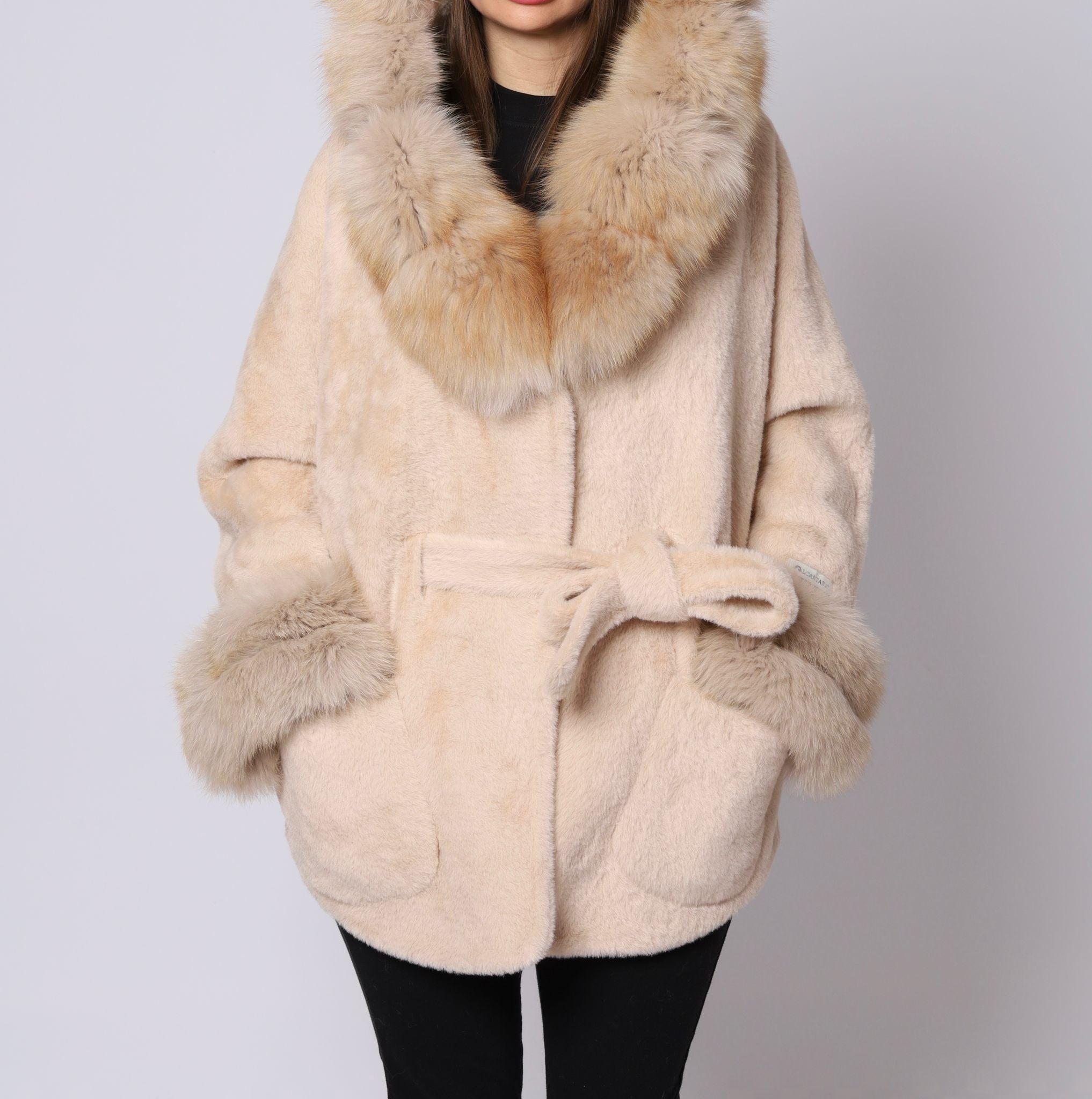 Oversize Hooded Alkantara With Fox Fur Collar And Sleeves