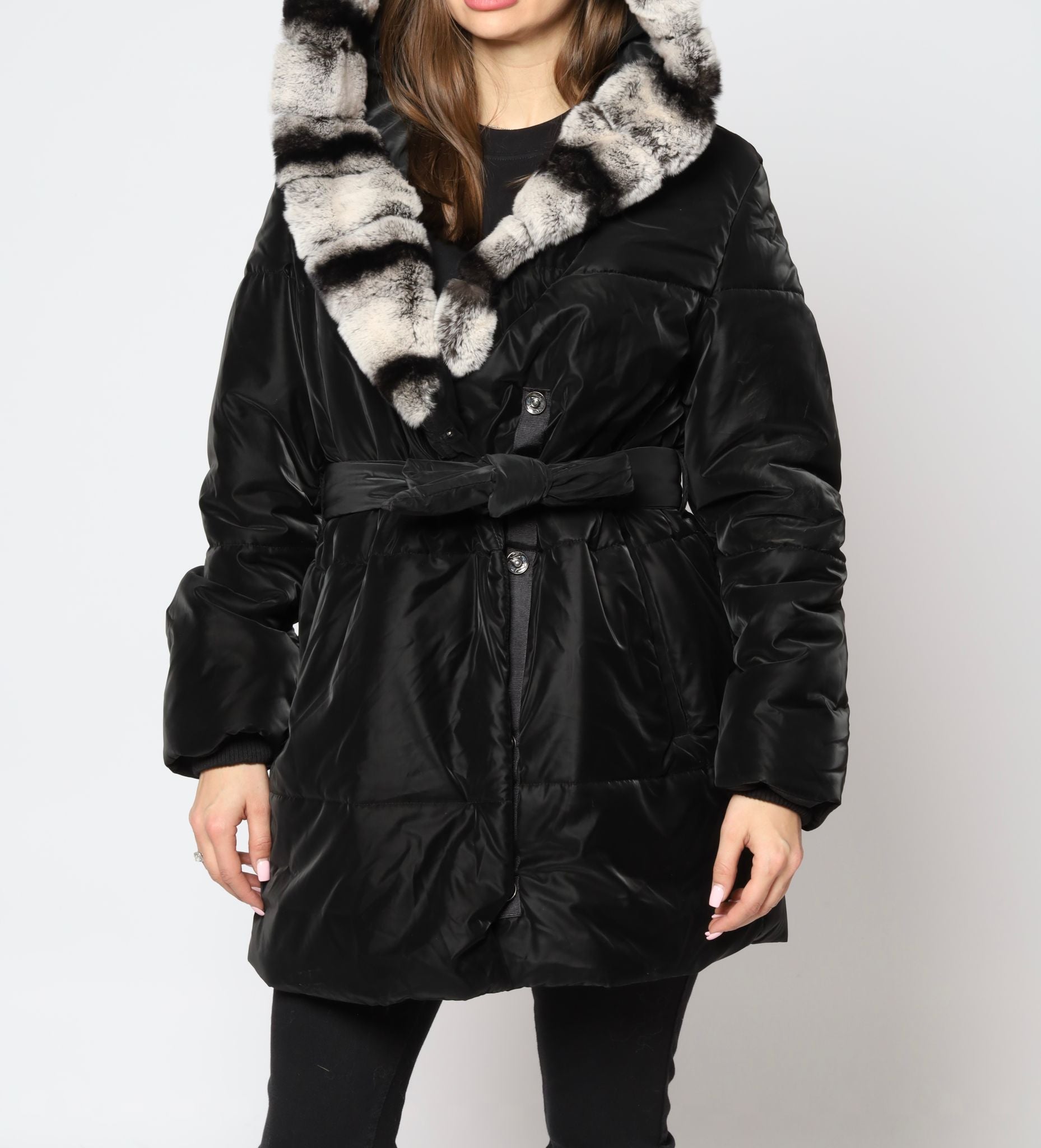 Puffed Nylon Jacket With Chinchilla Lined Collar