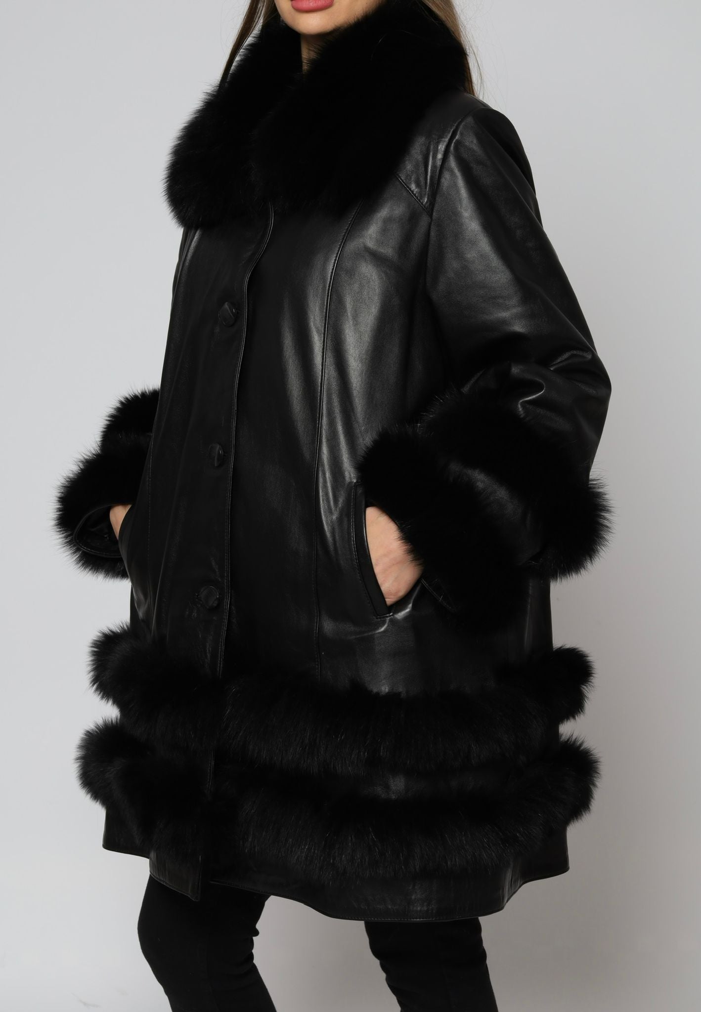 Leather Coat With Fox Collar And Sleeves For Plus Size