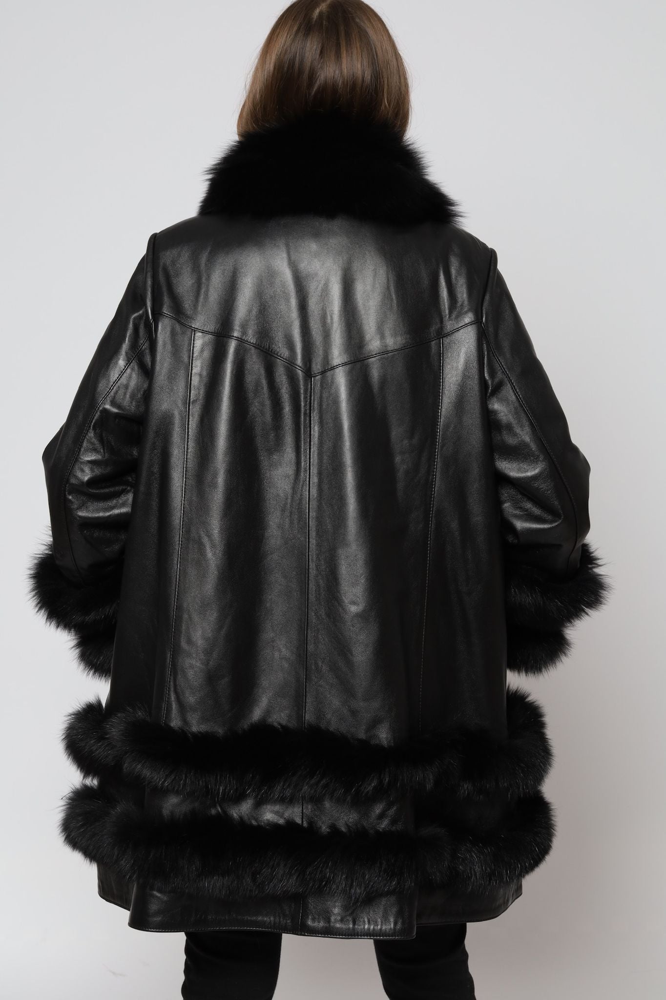 Leather Coat With Fox Collar And Sleeves For Plus Size
