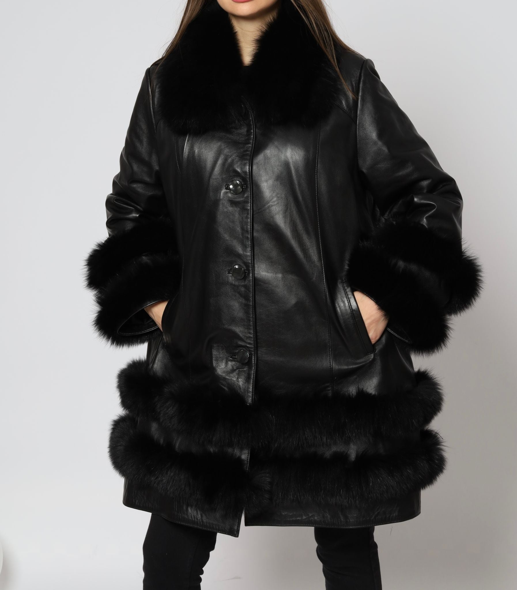 Leather Coat With Fox Collar And Sleeves For Plus Size