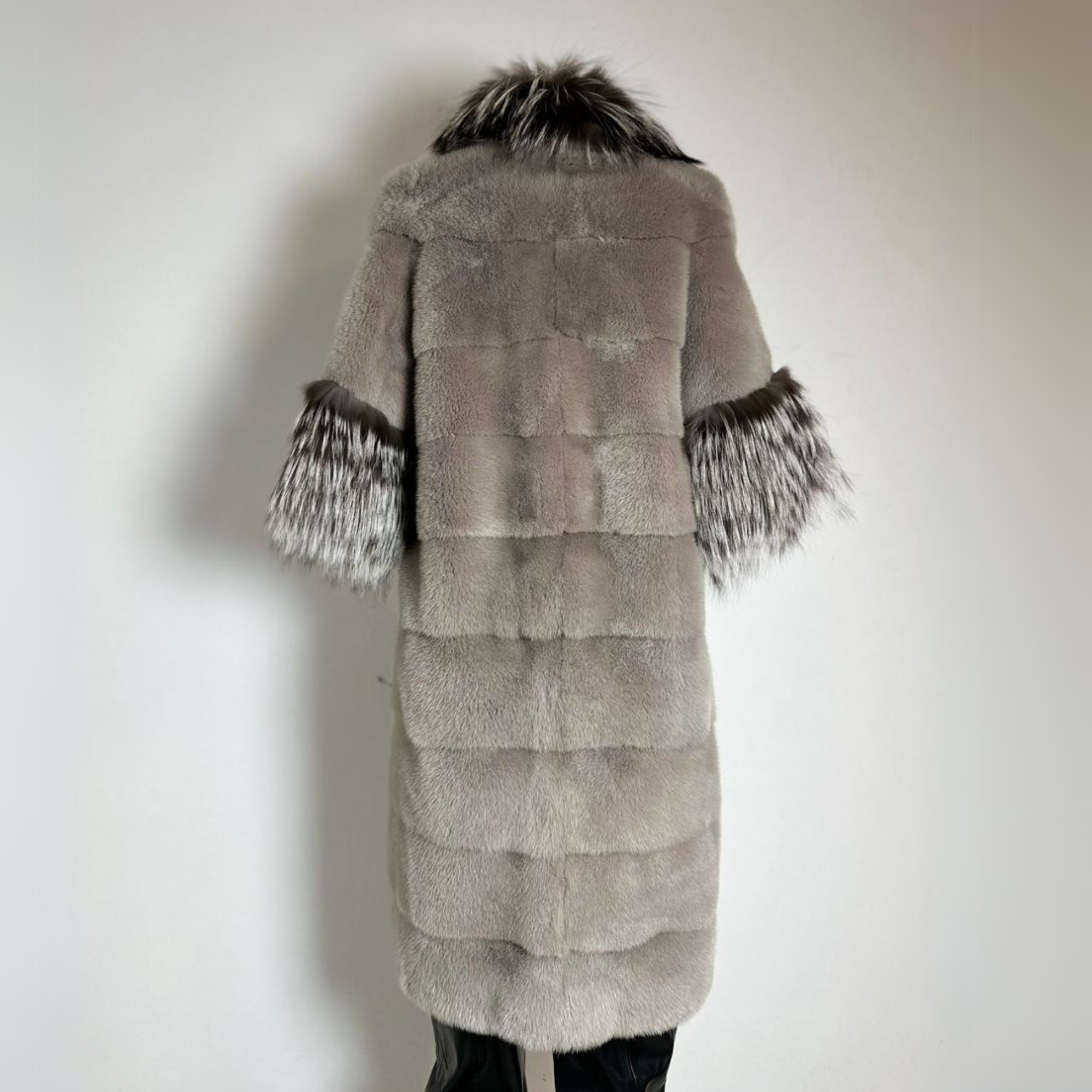 Long Luxury Silver Mink With Silver Fox Collar & Sleeves - Cream