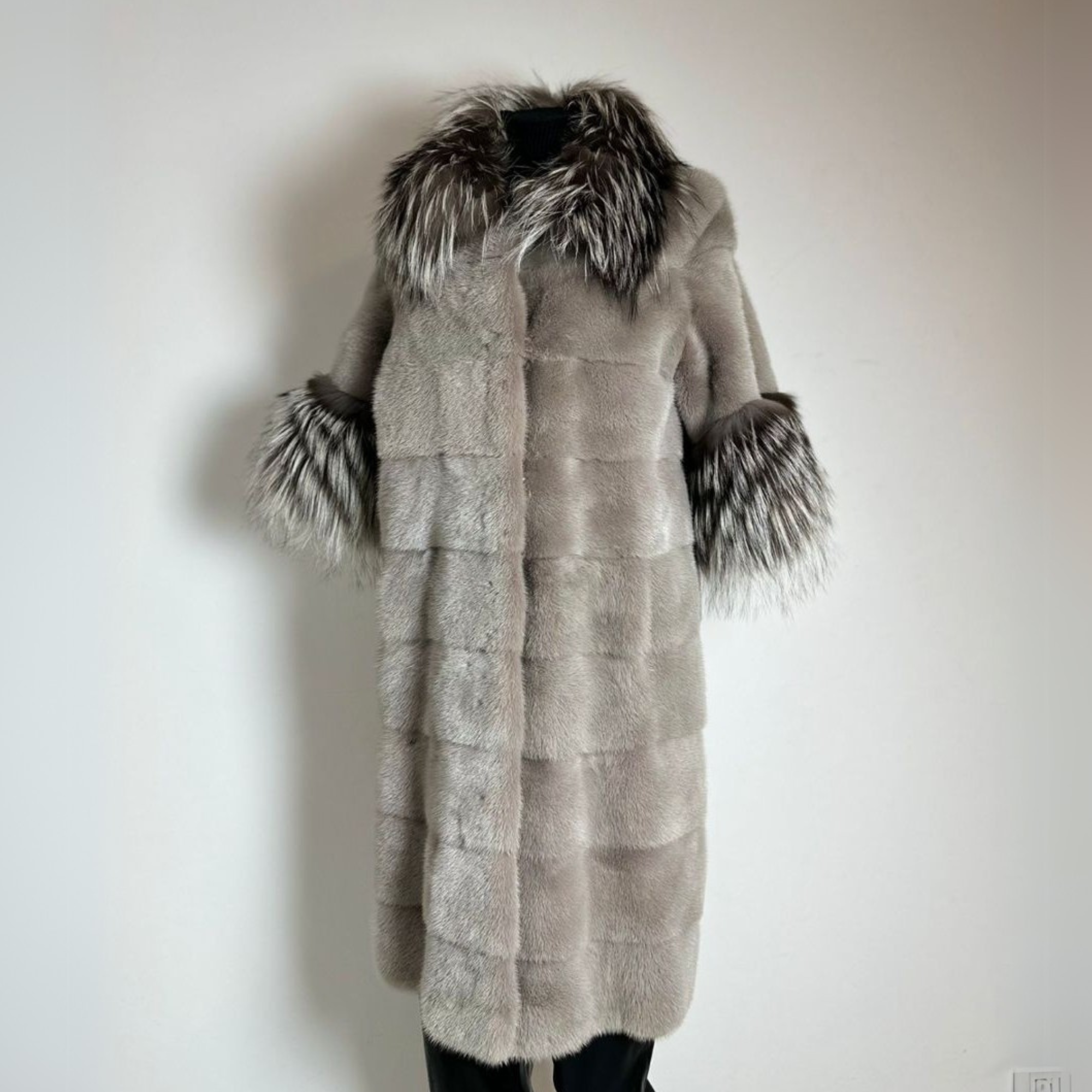 Long Luxury Silver Mink With Silver Fox Collar & Sleeves - Cream