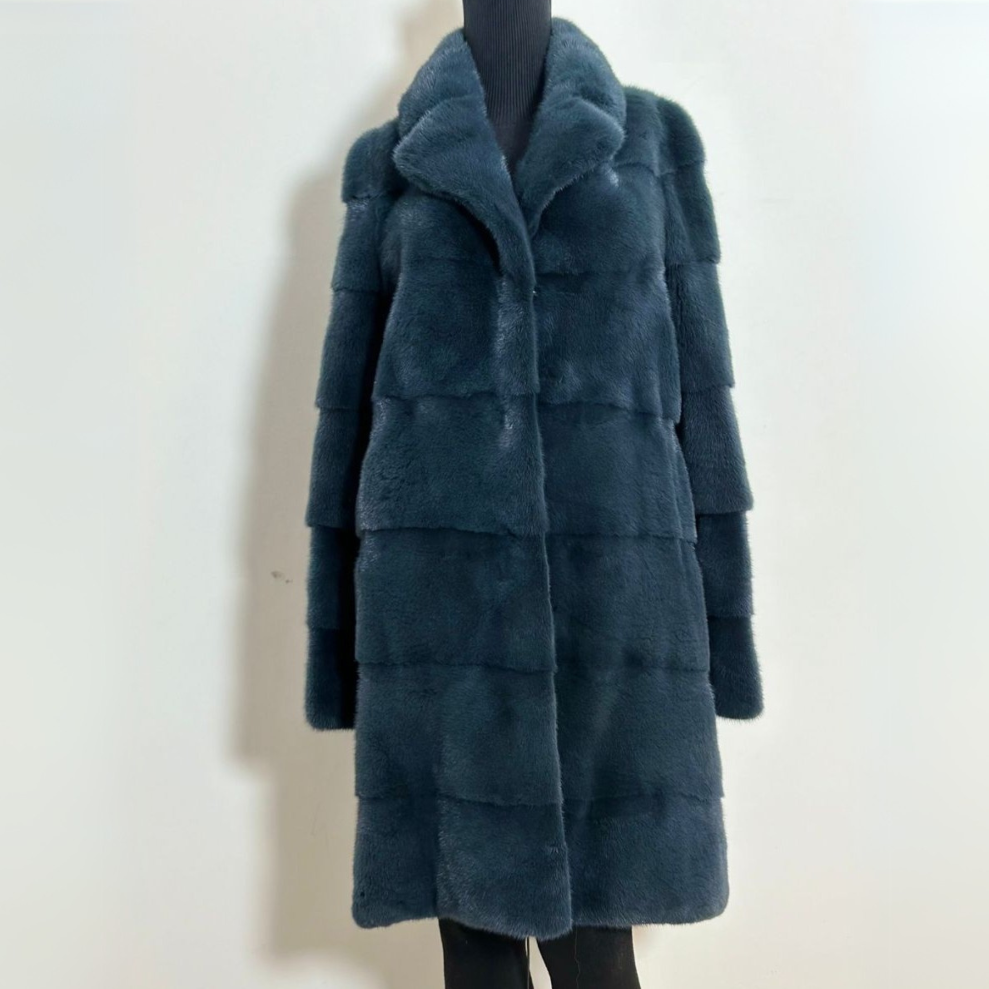 Petrol Long Mink Fur Coat With Removable 3/4 Sleeves - Petrol