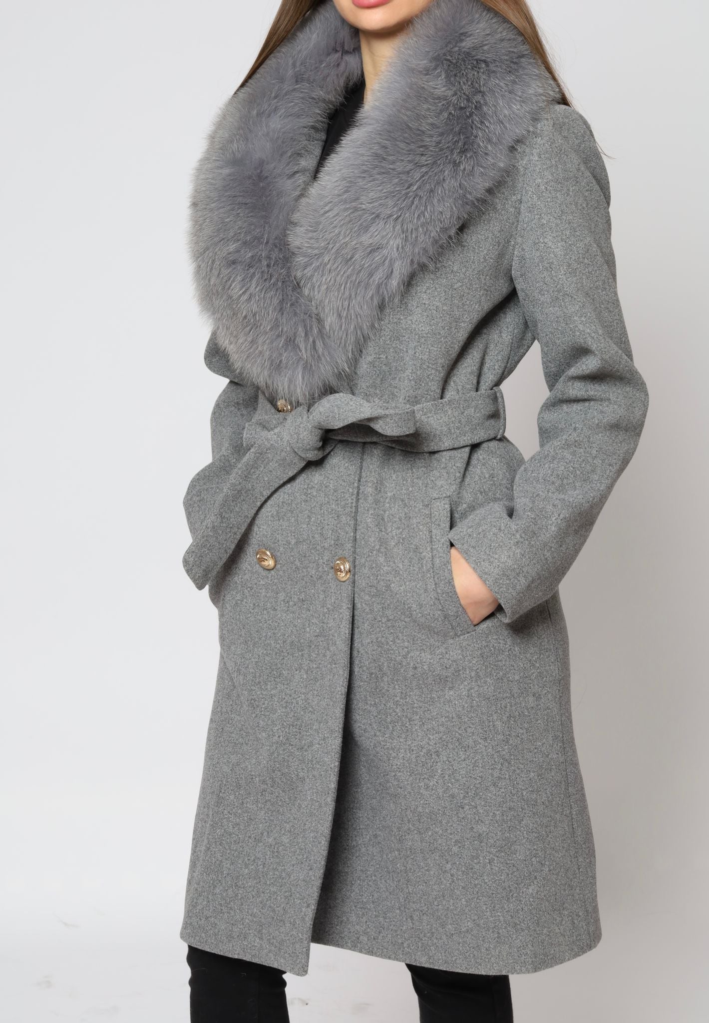 Grey Kashmir Coat With Fox Collar